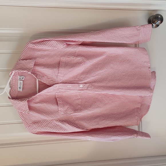 Pink and White Striped Button-up Blouse with Front Pockets - Picture 3 of 5